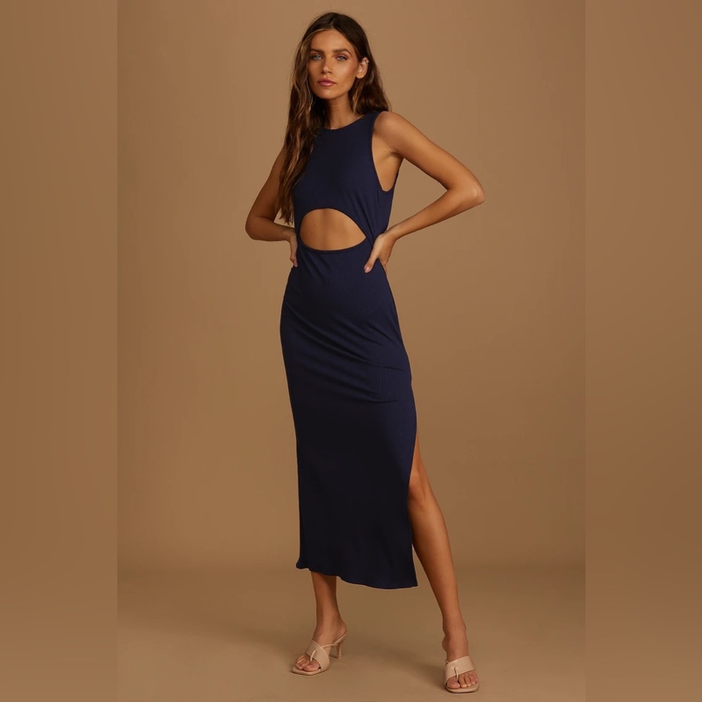 Lulus Navy Blue Ribbed Cutout Bodycon Midi Dress